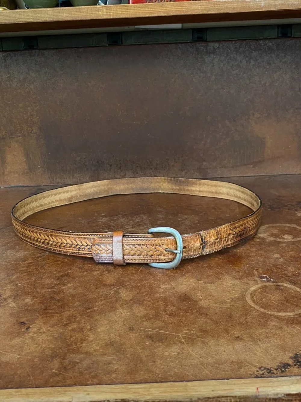 Vintage Distressed Tooled Brown Leather Belt Woven Center Detail